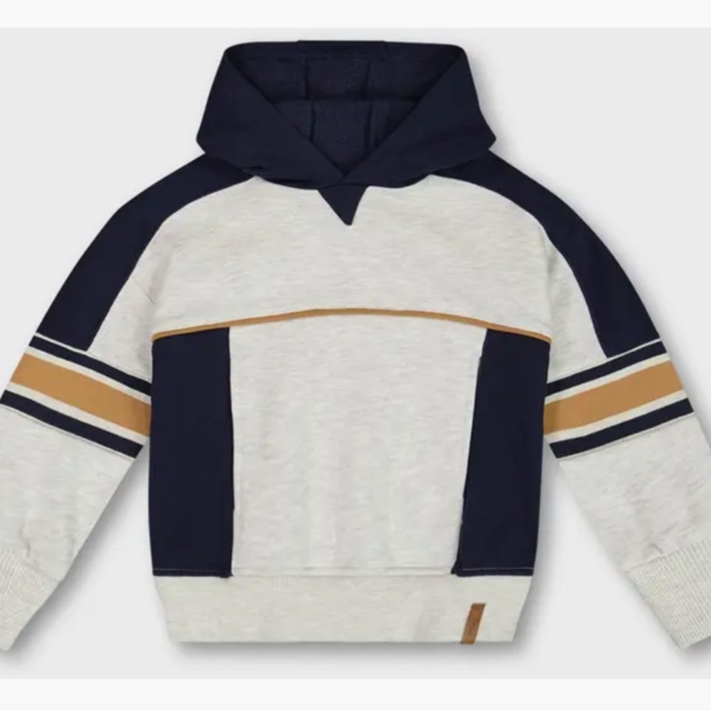 Deux Par Deux Little Boy's Hooded Fleece Sweatshirt With Contrast Rib Beige Mix
